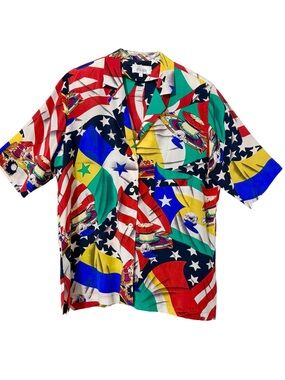 100% Silk 90’s Otto Kern Multicolor Short-Sleeve Flag Shirt Size Medium
